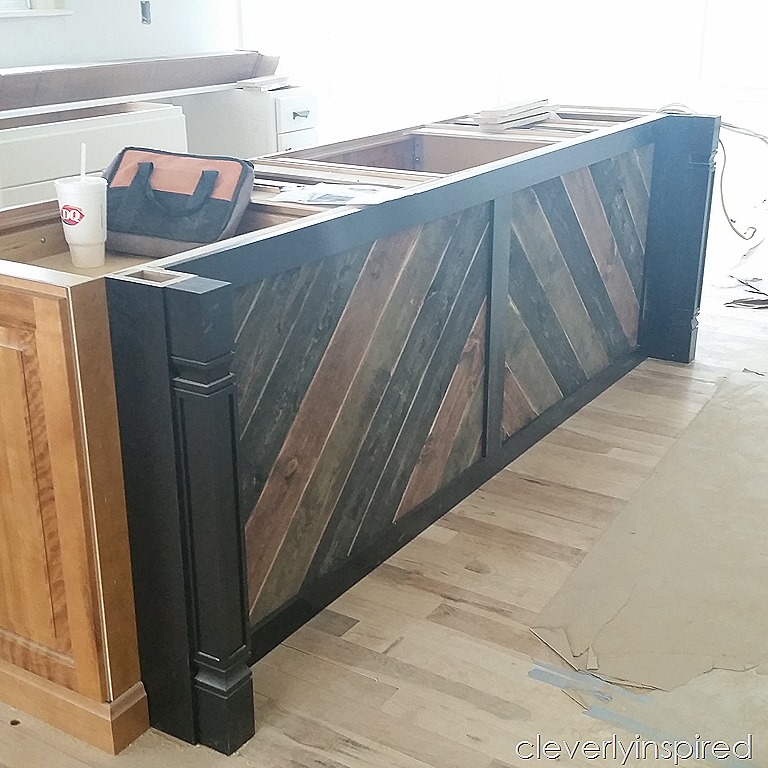 DIY "reclaimed wood" on Kitchen Island - Cleverly Inspired